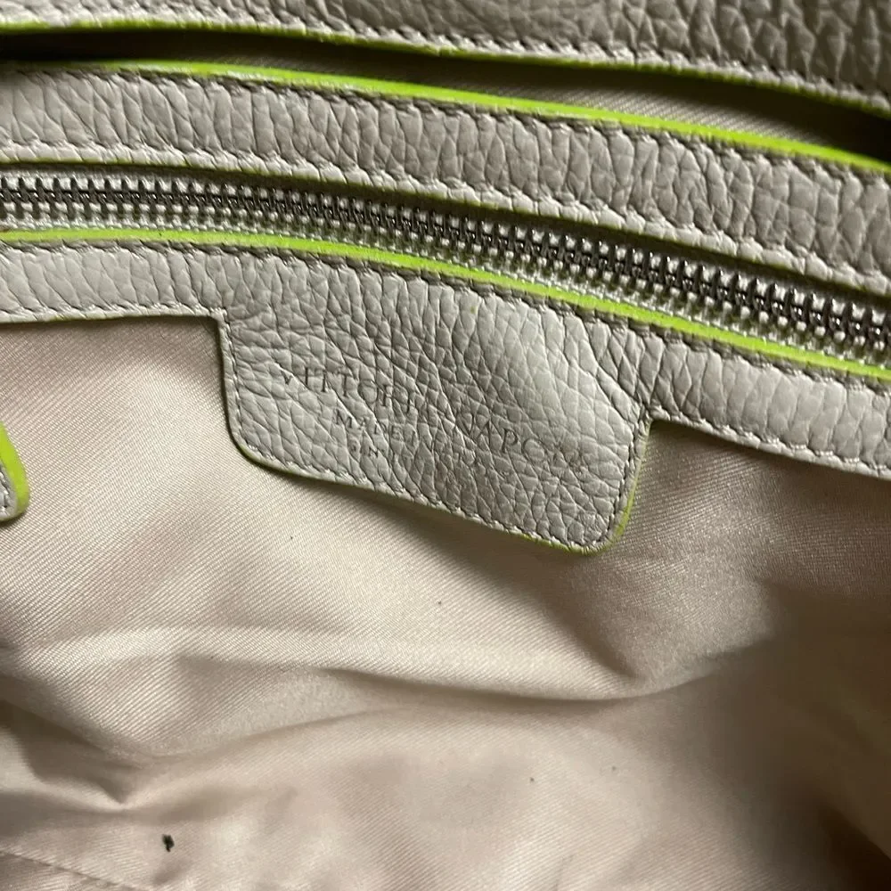 Vittoria Napoli Elegant Leather Cream XL Tote Bag with Green Accents